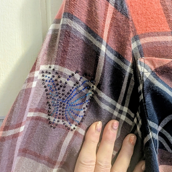 Upcycle Lucky Brand Medium Dip Bleach Flannel Shirt w/ Butterfly Bling 17" P2P - Picture 8 of 11
